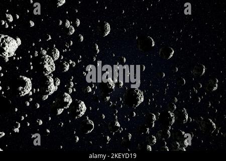 Campo di asteroide nello spazio esterno. Rendering 3D. Foto Stock