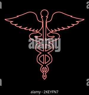 Simbolo di salute al neon caduceo colore rosso bacchetta di asclepio immagine vettoriale immagine piatta luce stile Illustrazione Vettoriale