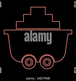 Carrello da miniera al neon o carrello di colore rosso carbone vettore immagine immagine piatta luce stile Illustrazione Vettoriale