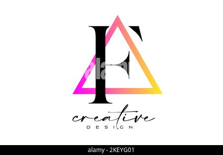 Logo lettera F all'interno di un triangolo con design creativo a taglio. Immagine del logo vettoriale dell'icona Serif Letter. Illustrazione Vettoriale