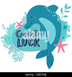 Stampa di Dolphin testo scritto a mano, tipografia di scrittura, calligrafia. Simpatico personaggio sorridente per icona, scheda, logo. Stampa di animali cartoni animati disegnati a mano per Illustrazione Vettoriale