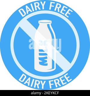 Etichetta rotonda BLU SENZA LATTICINI o adesivo con flacone di latte isolato su bianco, illustrazione vettoriale Illustrazione Vettoriale