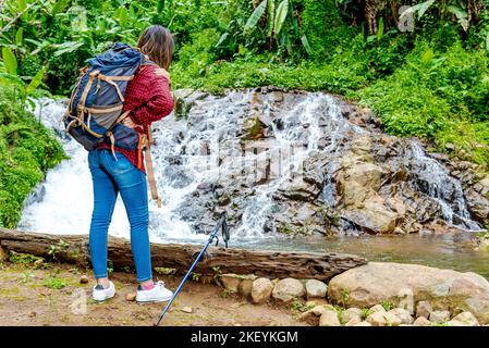 Donna asiatica con zaino sensazione di mal di schiena mentre si cammina nella foresta Foto Stock