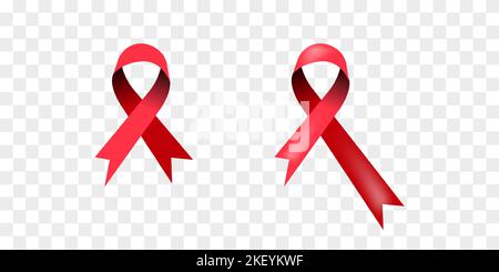 Nastri rossi per la Giornata Mondiale dell'Aids su sfondo trasparente. Set vettoriale di realistico isolato Illustrazione Vettoriale