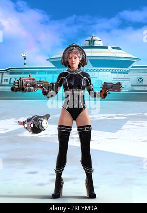 persona in uniforme con una pistola in una base spaziale, 3d rendering Foto Stock