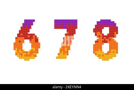 serie di lettere e numeri in mattoni multicolore. 3d alfabeto, sei, sette, otto Foto Stock