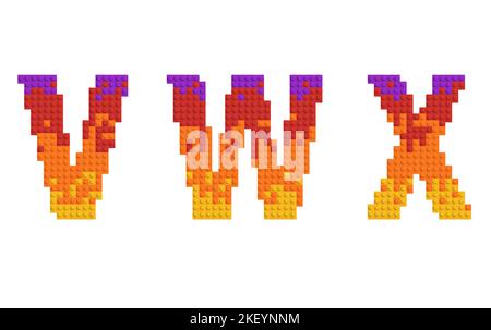 serie di lettere e numeri in mattoni multicolore. 3D alfabeto, lettere V W X Foto Stock