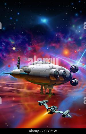 astronavi volando nello spazio vicino a una nebulosa, rendering 3d Foto Stock