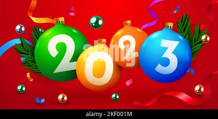 Buon anno banner. Palline decorative con confetti. Illustrazione vettoriale Illustrazione Vettoriale