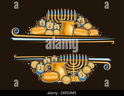 Bordo vettoriale per Hanukkah con copyspace vuoto per testo di congratulazioni, biglietto d'auguri decorativo con illustrazione di menorah dorata, blu bruciante ca Illustrazione Vettoriale