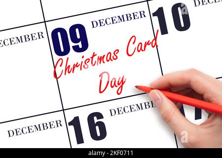 Dicembre 9th. Testo scritto a mano giorno del biglietto di Natale sulla data di calendario. Salvare la data. Vacanza. Concetto giorno dell'anno. Foto Stock