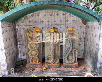 Un santuario sereno dedicato a Nagas, o divinità serpenti, è catturato in questa immagine. Tre sculture in pietra intagliate di Nagas. Foto Stock