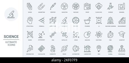 Le icone delle linee sottili della tecnologia scientifica impostano l'illustrazione vettoriale. Analisi di laboratorio di biologia e chimica, intelligenza artificiale e apprendimento automatico, astronomia e spazio, analisi della struttura dei dati dello scienziato Illustrazione Vettoriale