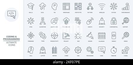 Test del codice software, memorizzazione dati icone a linee sottili impostare illustrazione vettoriale. Delineare il supporto di progetti digitali, il sistema di database di sincronizzazione e la protezione informatica per la rete wireless, le prestazioni dei grafici Illustrazione Vettoriale