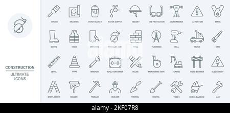 Settore edile, attrezzature e strumenti icone a linee sottili per l'illustrazione vettoriale. Delineare i lavori di ingegneria e progettazione di costruttori, gru, barriera stradale e protezione con casco, approvvigionamento idrico Illustrazione Vettoriale