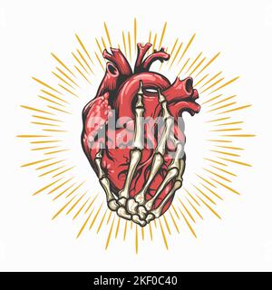 La mano dello scheletro tiene il tatuaggio del cuore. Illustrazione vettoriale isolata su sfondo bianco. Illustrazione Vettoriale