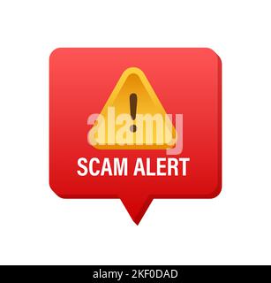 Banner con avviso di truffa rosso. Segnale di attenzione. Icona di sicurezza informatica. Adesivo con segnale di avvertenza di attenzione. Simbolo di avvertenza piatto. Illustrazione di stock vettoriale. Illustrazione Vettoriale