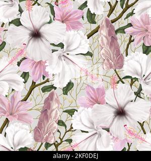 Motivo floreale senza cuciture. Delicata carta da parati botanica con fiori bianchi e rosa. Sfondo chiaro con rami fioriti, fiori di ibisco. Lusso Foto Stock