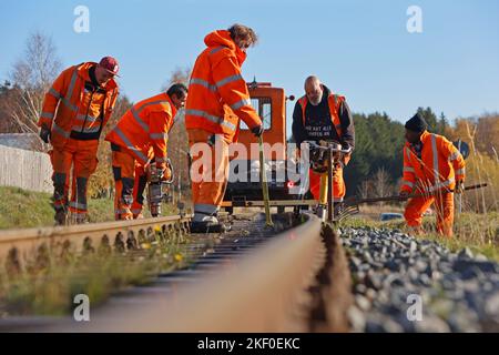 15 novembre 2022, Sassonia-Anhalt, Benneckenstein: I dipendenti della Harzer Schmalspurbahnen GmbH HSB controllano le piste nell'area di Benneckenstein. Attualmente, HSB sta nuovamente approfittando dei giorni meno impegnativi di novembre per eseguire lavori di manutenzione su cingoli e veicoli. A tale scopo, la compagnia ferroviaria comunale sta chiudendo parti della sua rete di binari. Dal cambio di orario del 7 novembre fino al 24 novembre incluso, non vi saranno treni sulla Selketalbahn e sulla Harzquerbahn tra Ilfeld e Drei Annen Hohne. A partire da novembre 25, i treni torneranno in funzione su tutto il territorio Foto Stock