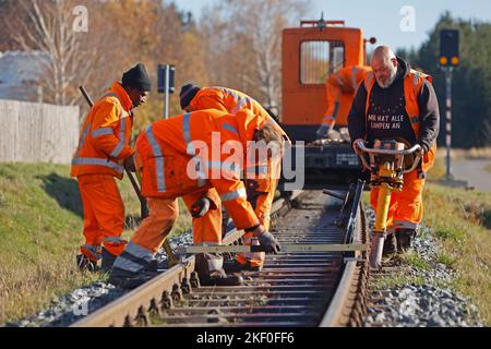 15 novembre 2022, Sassonia-Anhalt, Benneckenstein: I dipendenti della Harzer Schmalspurbahnen GmbH HSB controllano le piste nell'area di Benneckenstein. Attualmente, HSB sta nuovamente approfittando dei giorni meno impegnativi di novembre per eseguire lavori di manutenzione su cingoli e veicoli. A tale scopo, la compagnia ferroviaria comunale sta chiudendo parti della sua rete di binari. Dal cambio di orario del 7 novembre fino al 24 novembre incluso, non vi saranno treni sulla Selketalbahn e sulla Harzquerbahn tra Ilfeld e Drei Annen Hohne. A partire da novembre 25, i treni torneranno in funzione su tutto il territorio Foto Stock