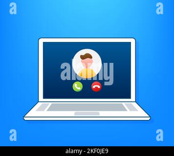 Videochiamata in arrivo sul computer portatile. Computer portatile con chiamata in arrivo, immagine del profilo uomo e pulsanti di accettazione del rifiuto. Illustrazione di stock vettoriale. Illustrazione Vettoriale