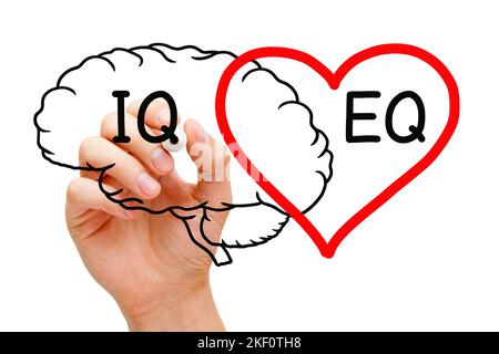 Disegnare a mano un concetto di cervello e cuore sul quoziente intelligenza IQ e intelligenza emotiva EQ. Foto Stock