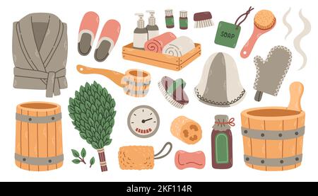 Set di articoli per bagno russo e sauna, elementi di design piatto sul tema della sauna, isolato su un bianco, disegnato a mano Illustrazione Vettoriale