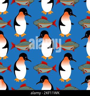 Pesca modello senza giunture. Pinguino con sfondo di pesce fresco. Paesaggio invernale sullo sfondo. Divertente struttura polare invernale Illustrazione Vettoriale