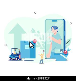 convenienza dello shopping online. dietro le quinte dello shopping online. Illustrazione vettoriale Illustrazione Vettoriale