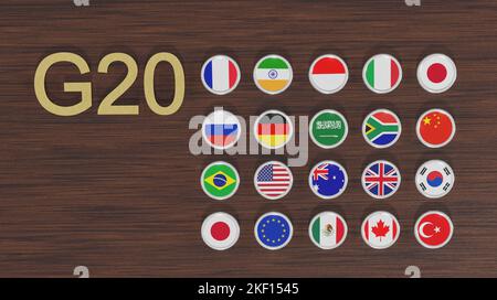 Appartenenza a Flags G20 , concetto del vertice o della riunione del G20, G20 paesi, Gruppo di venti membri, 3D illustrazione e 3D lavoro Foto Stock