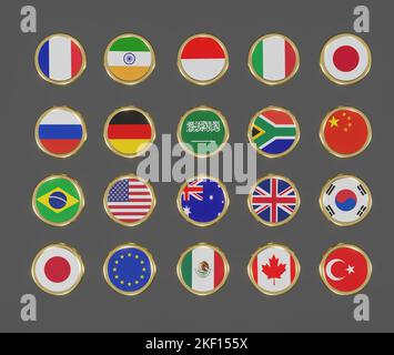 Appartenenza a Flags G20 , concetto del vertice o della riunione del G20, G20 paesi, Gruppo di venti membri, 3D illustrazione e 3D lavoro Foto Stock