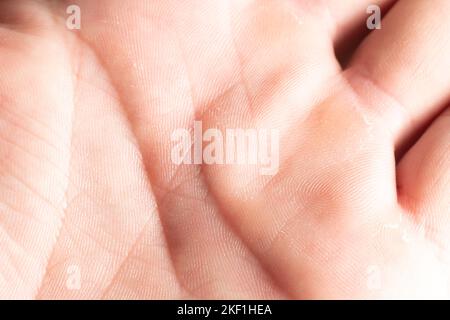 Palma umana e linee di vita primo piano, scienza palmistry, palma dell'uomo bianco. Foto Stock