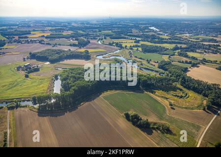 Fotografia aerea, fiume Lippe meandro, Lippe loop, fiume e sviluppo di pianura alluvionale del Lippe Vogelsang, rinaturazione, Hötting, Datteln, Ruhr, Né Foto Stock