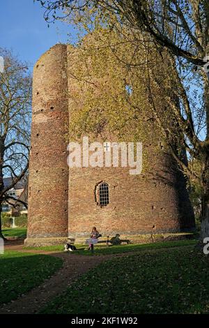 Giovane donna e il suo cane seduti fuori Cow Tower, Norwich, Norfolk, Regno Unito Foto Stock