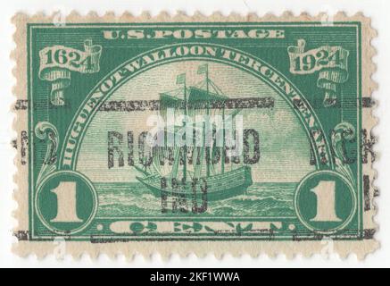 USA - 1924 maggio 1: Francobollo verde scuro da 1 cent raffigurante la nave a vela “New Netherland”. Numero del tercentenario di Huguenot-Vallone. Insediamento dei Valloni e in onore degli Ugonotti. Esso segna il 300th° anniversario del viaggio del Nieuw Nederlandt che sbarcò nella zona di New York nel 1624. Molti dei passeggeri erano ugonotti dalla Francia o Valloons da quello che è ora il Belgio; sono diventati primi coloni dello Stato di New York e della zona circostante Foto Stock