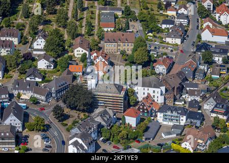 Veduta aerea, ristrutturazione della chiesa campanaria di cipolla, Niedersprockhövel, Sprockhövel, Ruhr, Renania settentrionale-Vestfalia, Germania, sito di culto, Co Foto Stock