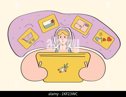 Illustrazione carina del luogo in linea di ordinazione. Una ragazza con un laptop dorato Illustrazione Vettoriale