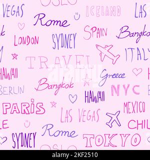Sfondo del viaggio. Nomi delle città e destinazioni di viaggio. Testo Word doodle senza cuciture motivo rosa. Illustrazione Vettoriale