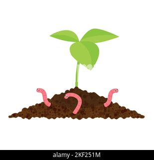 Giardino fertilizzante organico con vermi. Palo di composto pronto con germoglio. Riciclaggio dei rifiuti organici. Concetto di vita sostenibile. Illustrazione vettoriale disegnata a mano Illustrazione Vettoriale