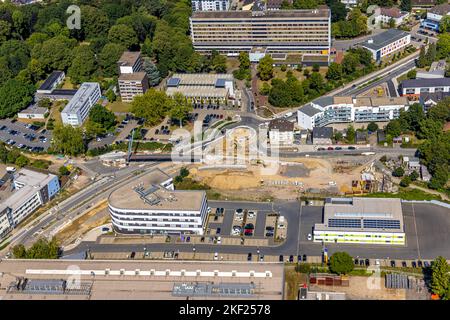 Luftbild, Baustelle und Sanierung der Pferdebachstraße mit Neubau der RadwegBrücke Rheinischer Enel, Ärztehaus Pferdebachstraße, Evang. Krankenhaus, W Foto Stock