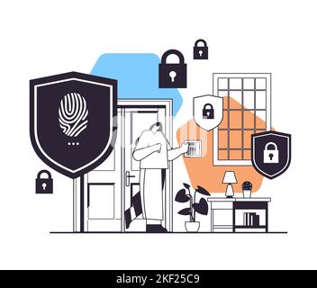 donna che tocca lo scanner di impronte digitali ragazza che controlla dispositivi domestici intelligenti con controllo di accesso di sicurezza a scansione biometrica Illustrazione Vettoriale