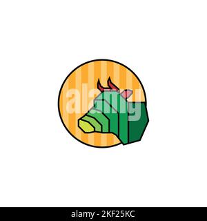 Un toro verde con corna rosse su un cerchio a strisce arancioni isolato su sfondo bianco, un logo vettoriale Illustrazione Vettoriale