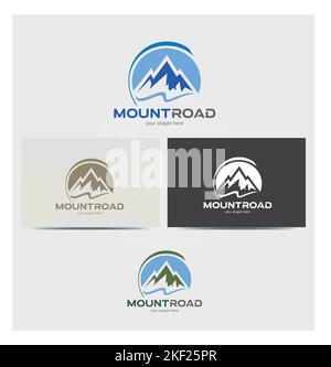 Mountain Road Logo, icona, Logo per le aziende, Card Mock up in diversi colori, Blu, cerchio, Wave, Peak Illustrazione Vettoriale