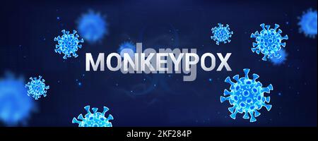 Infezione Monkeypox virus nel 2022. Banner sanitario con 3D batteri Illustrazione Vettoriale