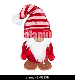 GNOME. Elfo di Natale con giacca rossa e berretto a righe. GNOME con barba, costume e cappello. Design natalizio per la decorazione delle feste o biglietti d'auguri. Vettore Illustrazione Vettoriale