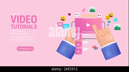 Esercitazioni video in App, Sito Web o piattaforma. 3D cartone animato realistico Illustrazione Vettoriale