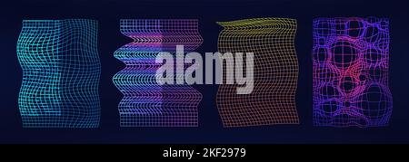 Griglia neon retrofuristica con effetto glitch e deformazione. Forme da 80s-90s Illustrazione Vettoriale