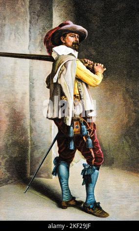 1600S UN MOSCHETTIERE AL TEMPO DI LOUIS XIII DI MEISSONIER RAFFIGURA UN SINGOLO UOMO MILITARE MUSETTO SULLA SPALLA SPADA A LATO DELLA PINZA - KA9451 HAR001 HARS UNIFORMS DERIVATO MUSCHIO DA CARTOLINA PINZA ELEGANTE ALTO COLLETTO 1600S 1850S BARBE CHE PRECIPITA LOUIS XIII MEDIO-ADULTO UOMO XIII AUDACE HAR001 MEISSONIER MOSCHETTIERE VECCHIO STILE Foto Stock