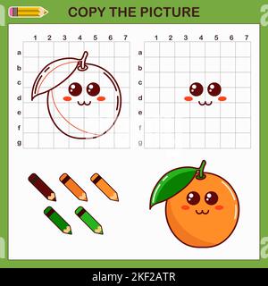 Copiare il disegno di Orange. Foglio di lavoro per il disegno vettoriale con un grazioso arancione. Illustrazione Vettoriale