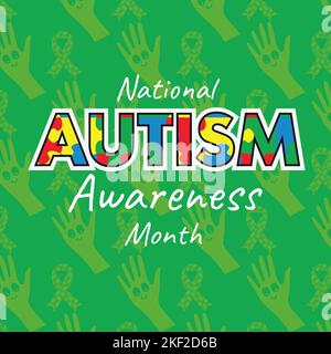 Composizione del testo del mese nazionale di consapevolezza autismo e pezzi di puzzle multicolore Foto Stock